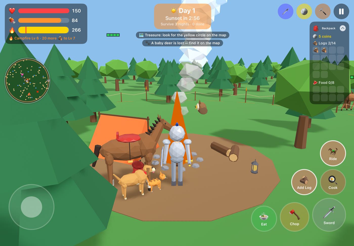 A knight stands at the campfire in the Behind view, with a dog, a cat and a saddled horse beside the tent and smoke rising above the trees.