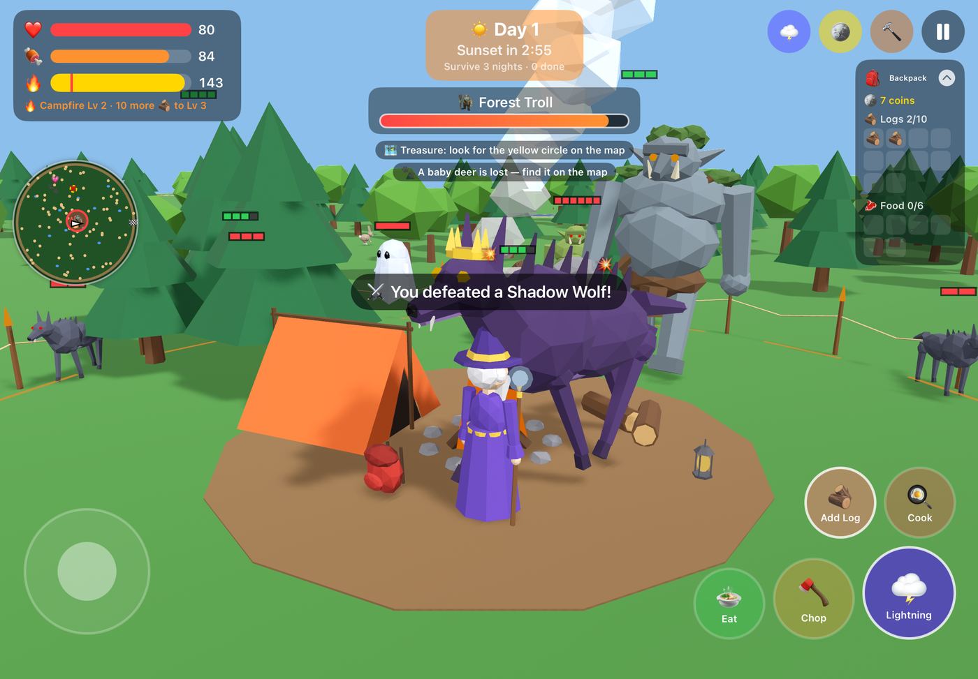 Night fights: The Wizard casts Lightning at the Shadow Wolf King and the Troll; health bars show one block per hit.
