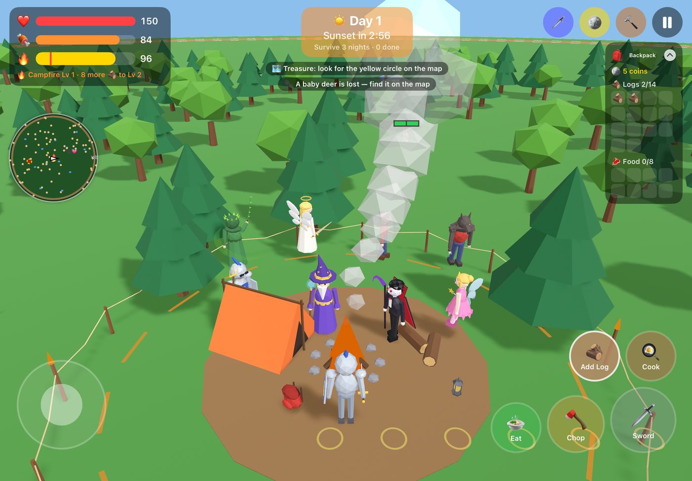Seven heroes: Knight, Wizard, Vampire, Fairy, Druid, Angel and the Werewolf by day and by night, each holding their own weapons.