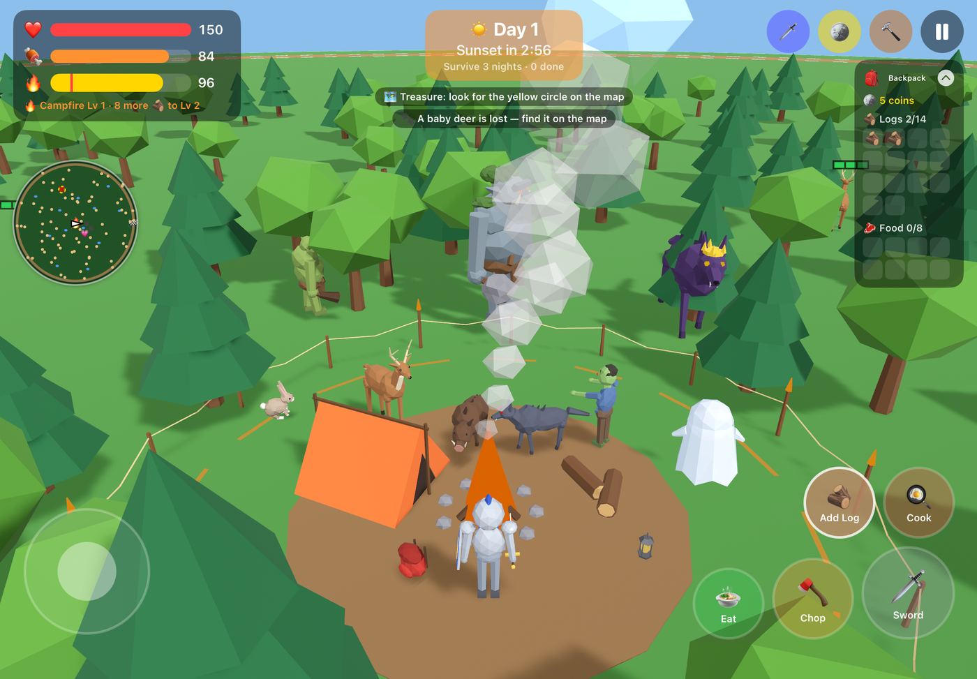 Monsters and animals: Wolves, a zombie, a ghost, an ogre, the Forest Troll and the Shadow Wolf King around camp, with rabbits, deer and boar.